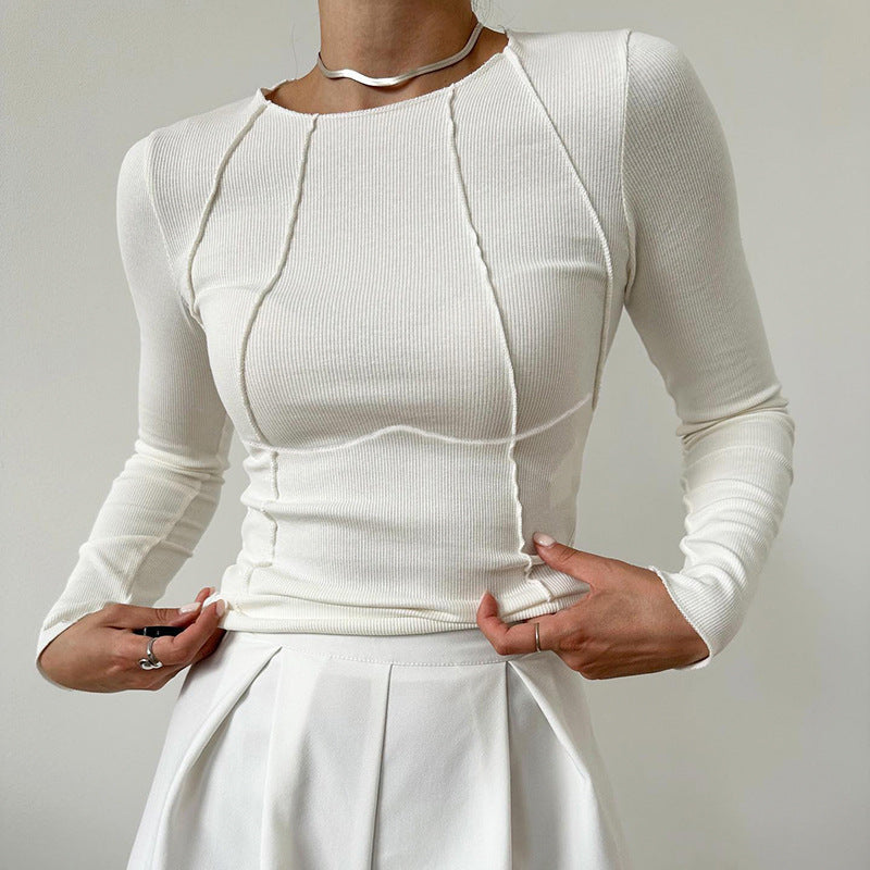 Slim Fit Long Sleeve Knitted Top – Solid Color, Split Thread Design