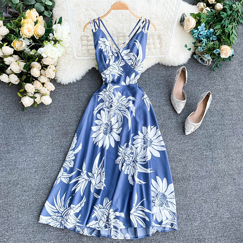 Ladies V-neck chiffon print dress