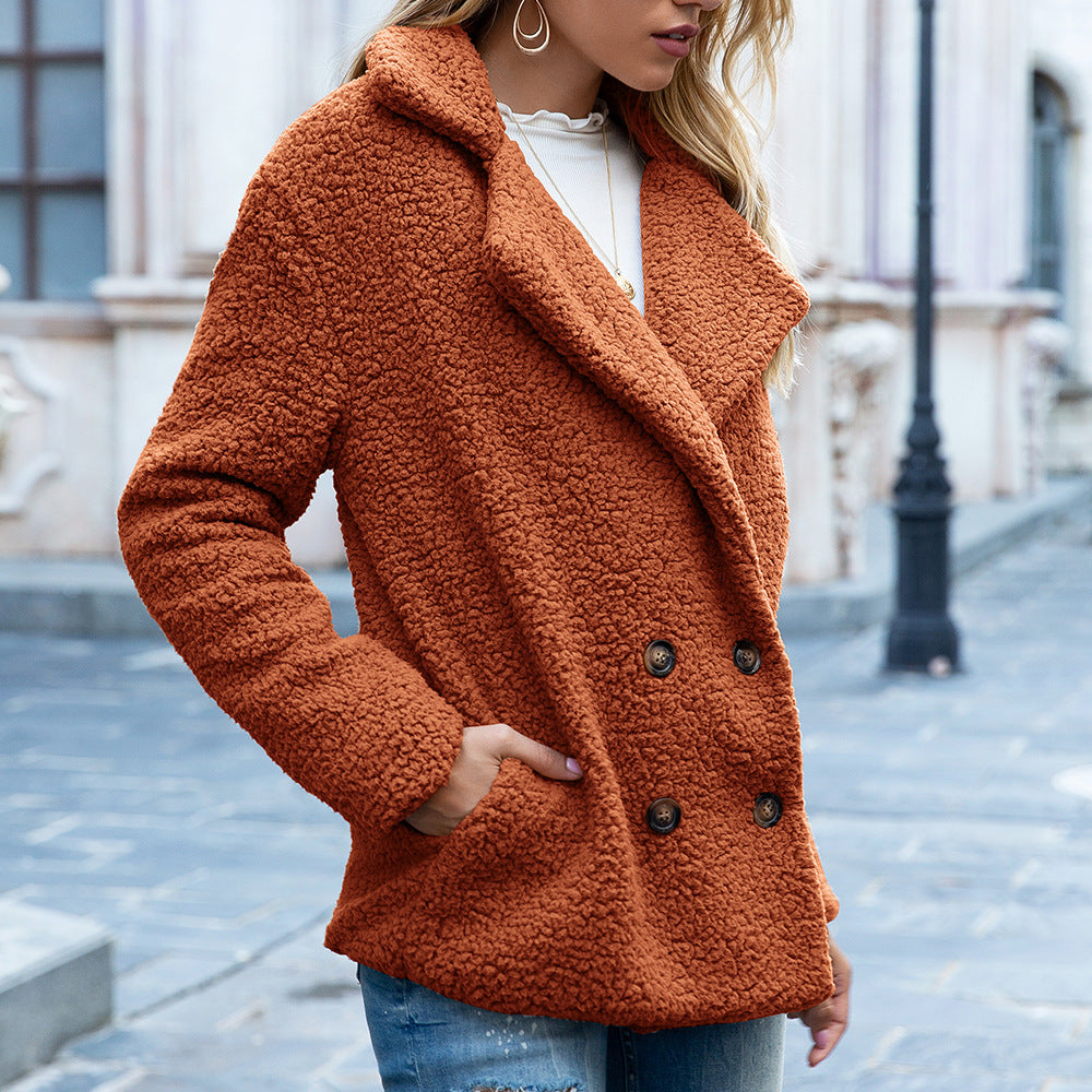 Soft Fleece Winter Coat – Women's Lapel Button Jacket