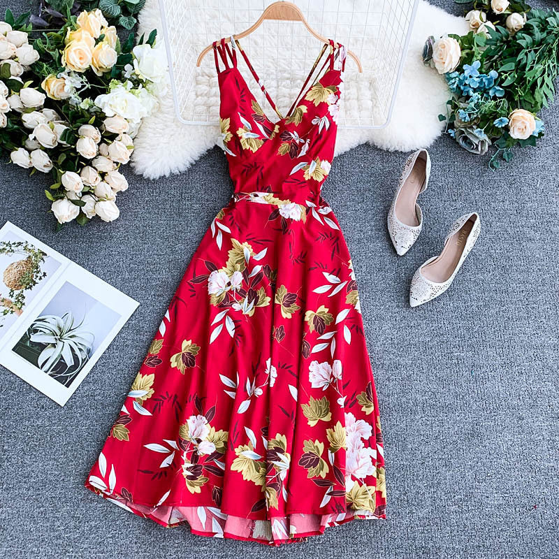 Ladies V-neck chiffon print dress