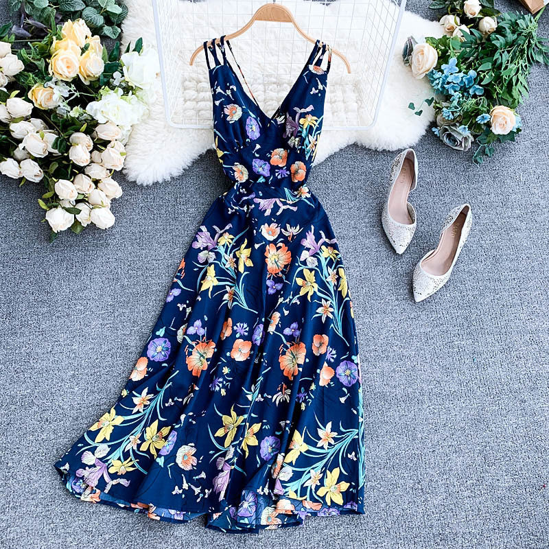 Ladies V-neck chiffon print dress