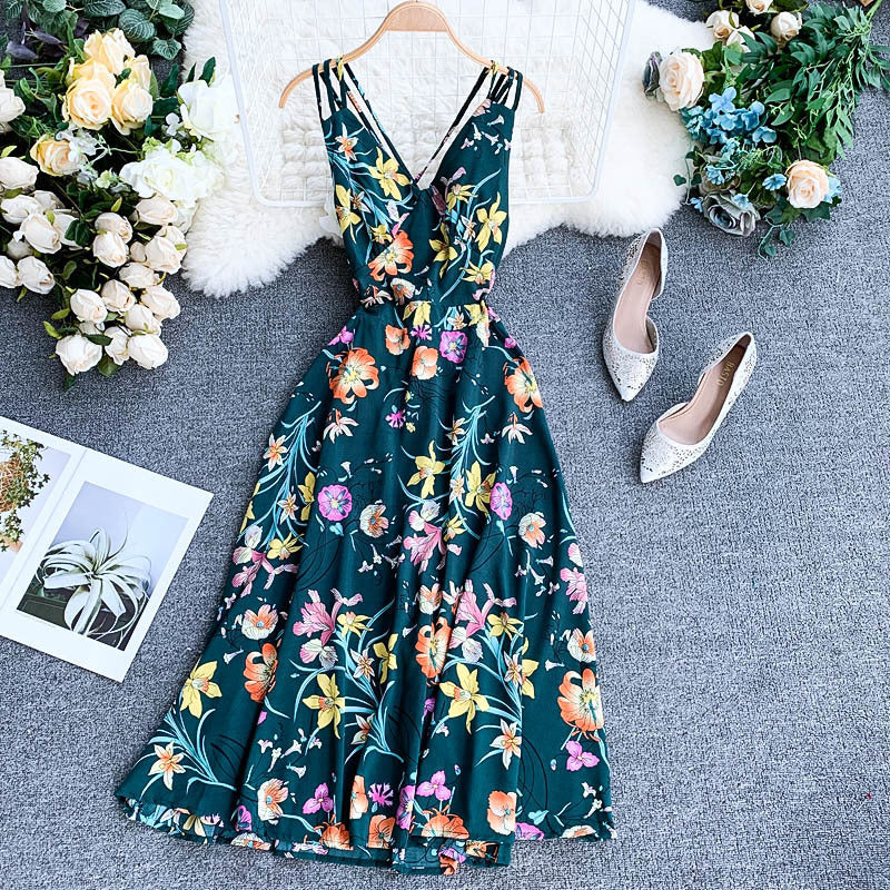 Ladies V-neck chiffon print dress