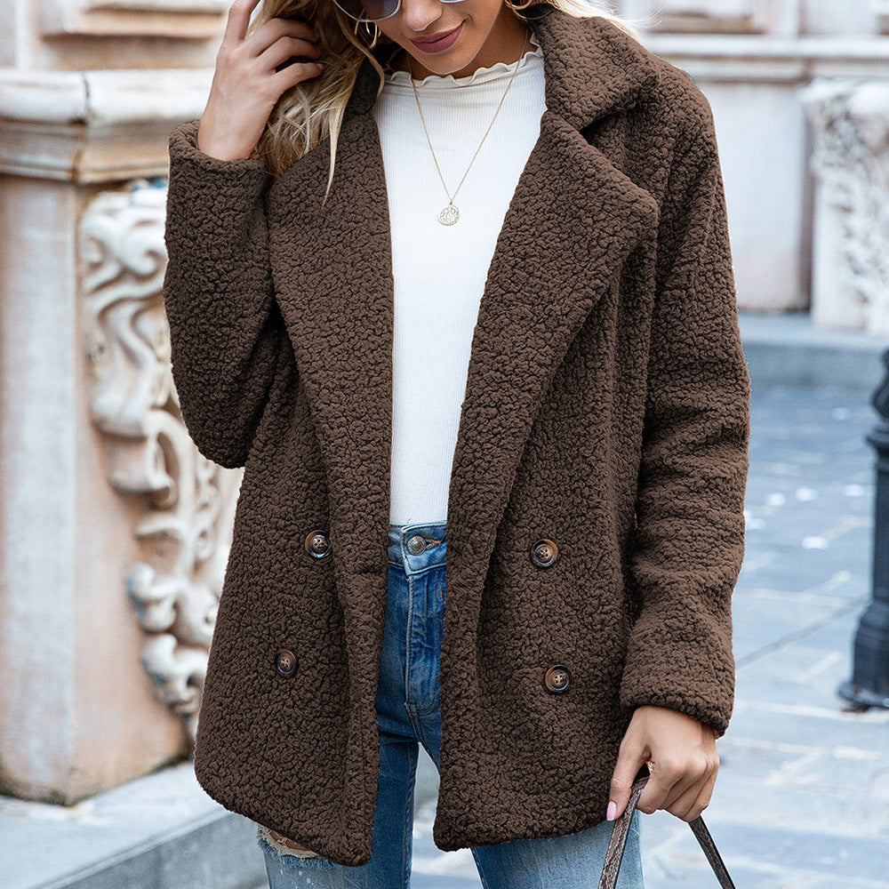 Soft Fleece Winter Coat – Women's Lapel Button Jacket