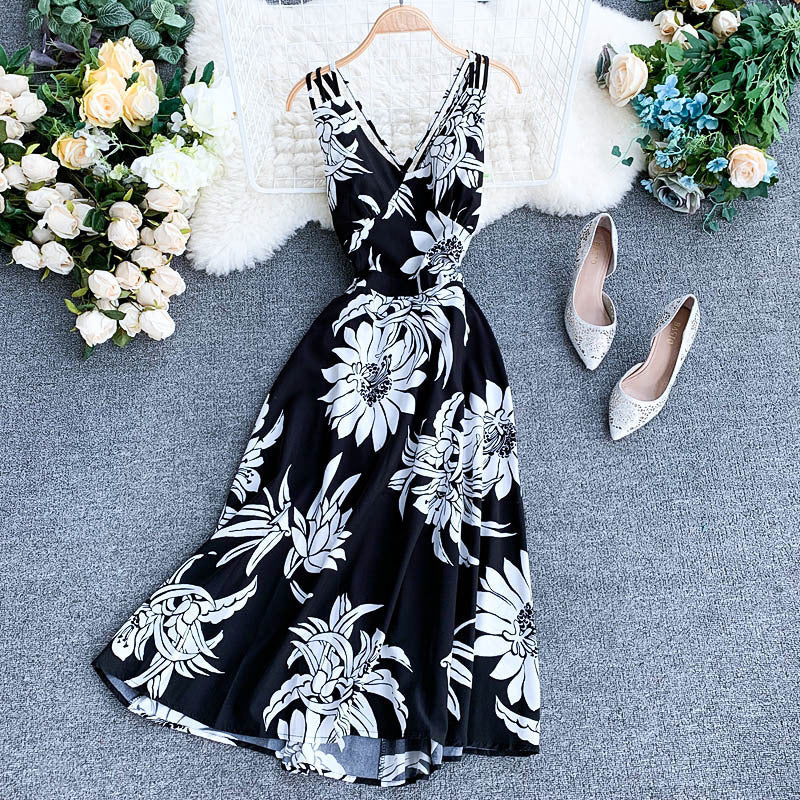 Ladies V-neck chiffon print dress