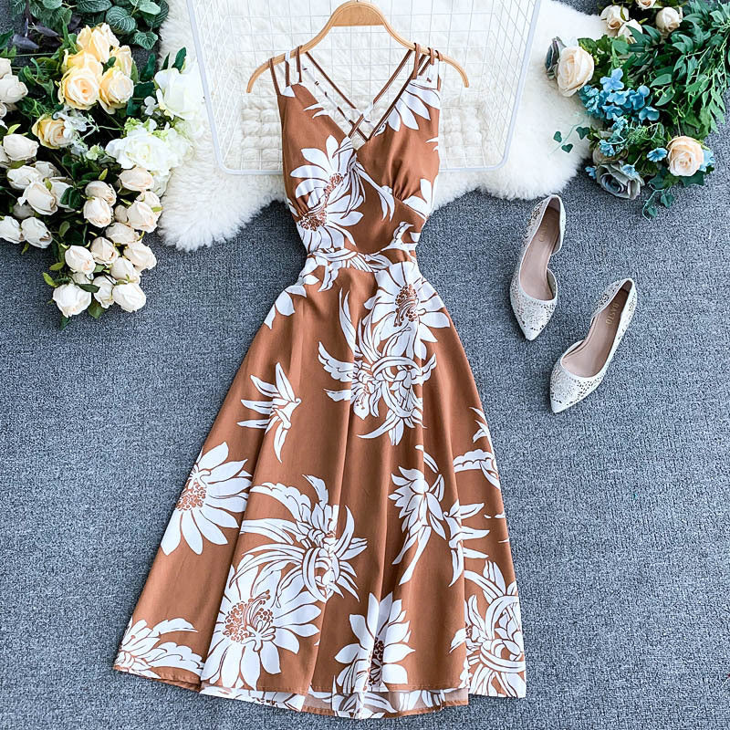Ladies V-neck chiffon print dress
