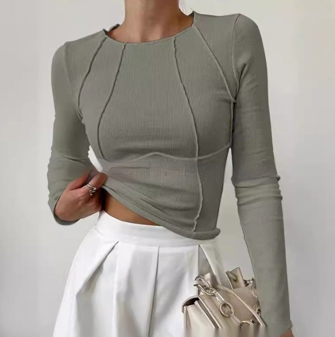 Slim Fit Long Sleeve Knitted Top – Solid Color, Split Thread Design