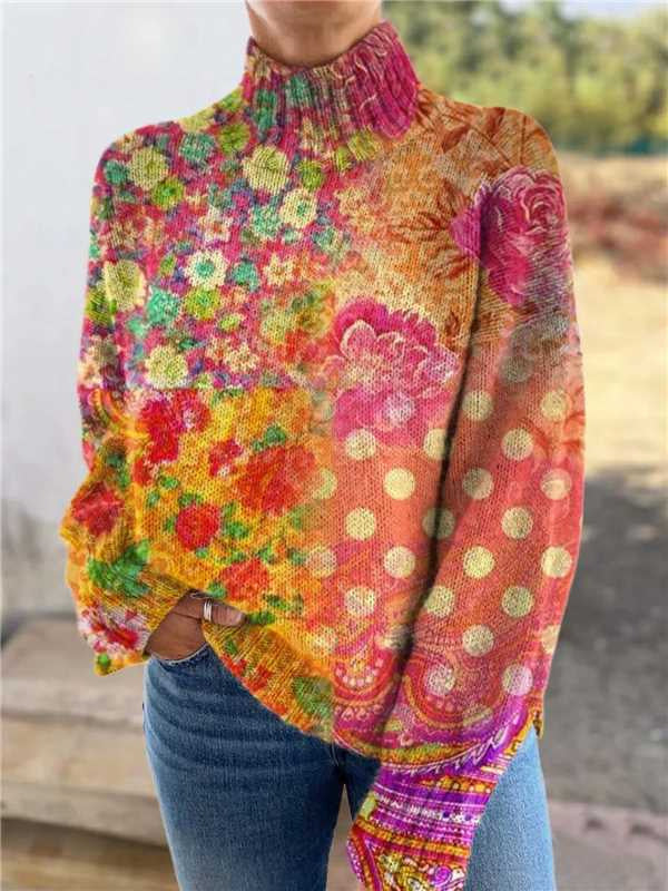 Women's Festive Turtleneck Sweater - Cozy Christmas Print Pullover