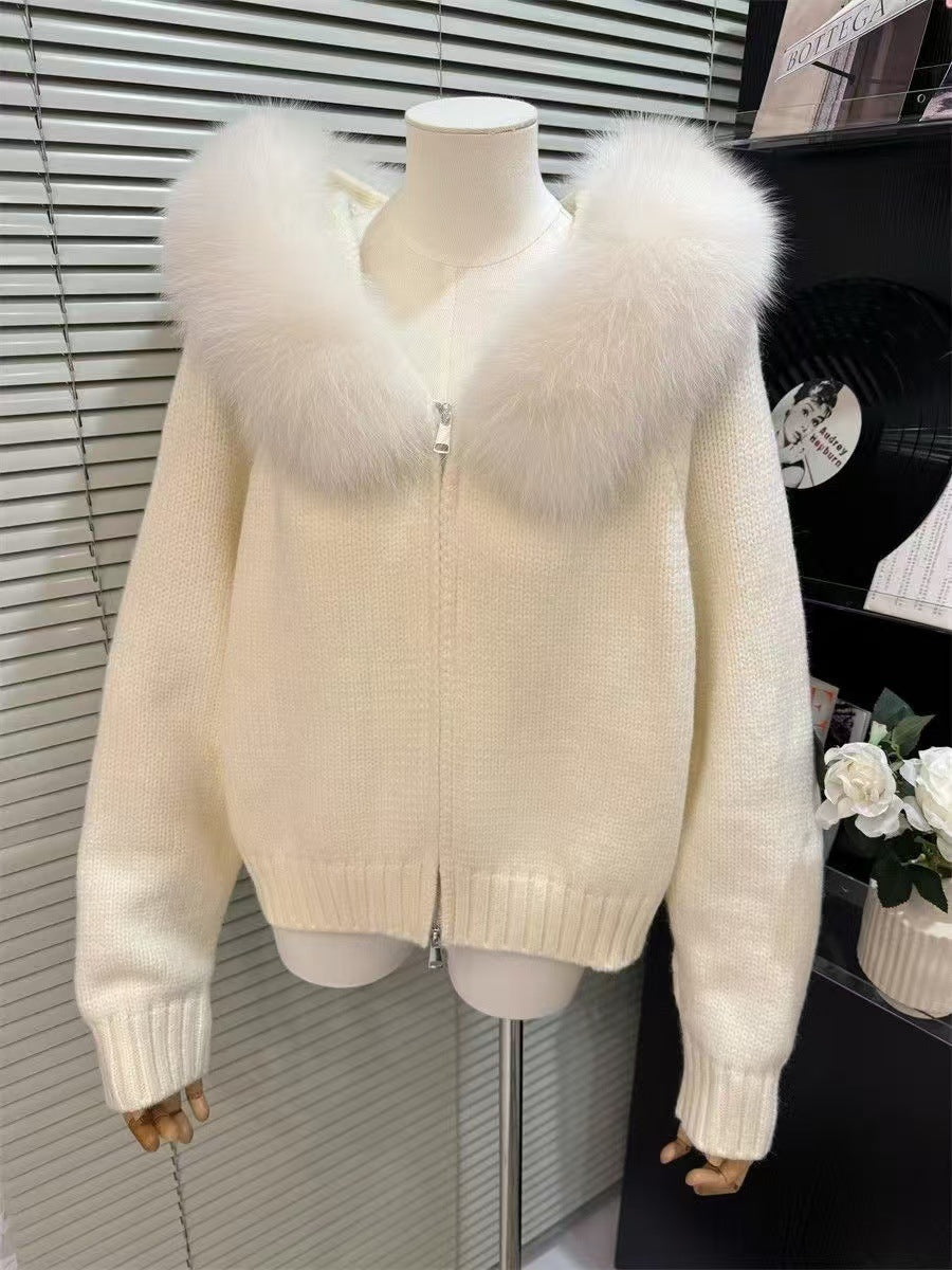 Women's High-grade Top Hooded Knitted Fur Collar Cardigan