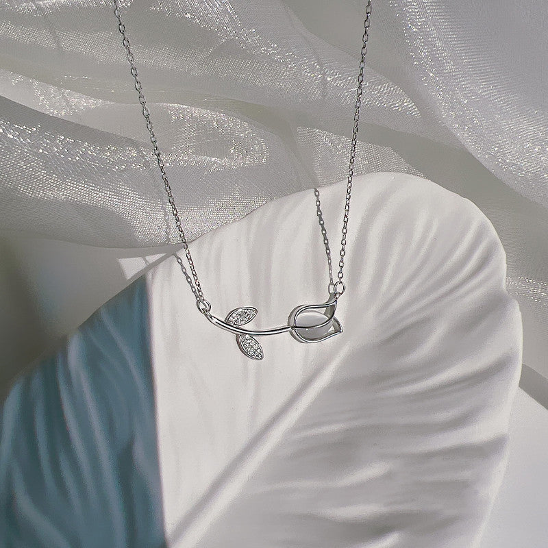 Sterling Silver 925 Tulip Necklace - Simple Rose Flower Pendant, Elegant Minimalist Jewelry Gift