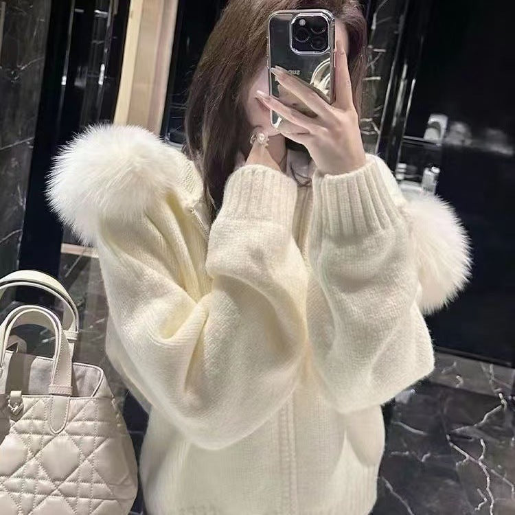 Women's High-grade Top Hooded Knitted Fur Collar Cardigan