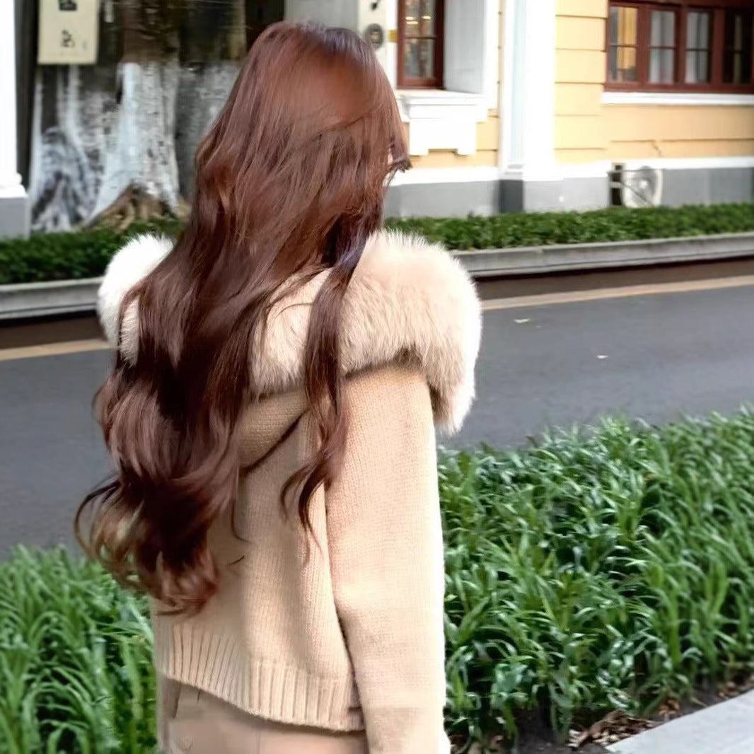 Women's High-grade Top Hooded Knitted Fur Collar Cardigan
