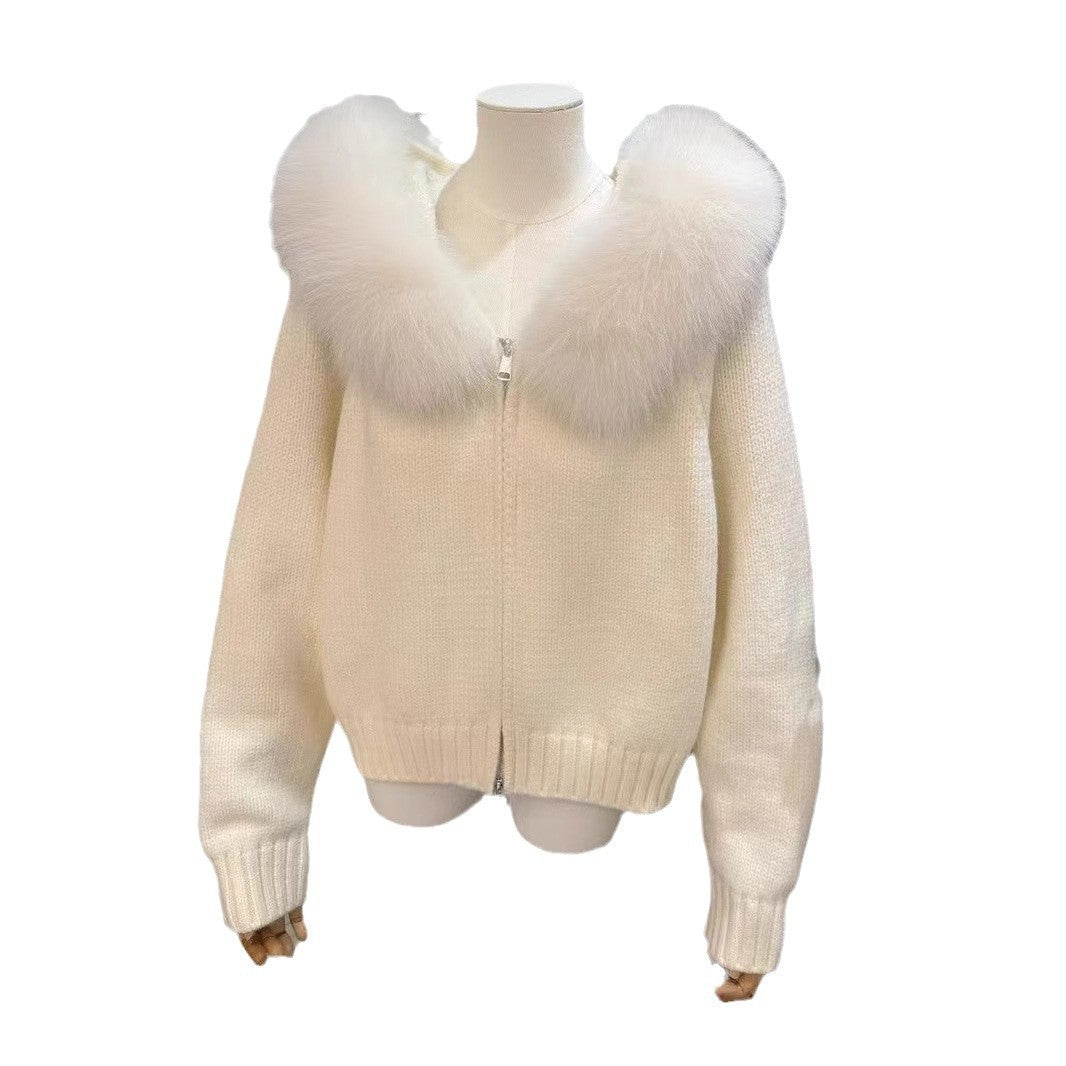 Women's High-grade Top Hooded Knitted Fur Collar Cardigan