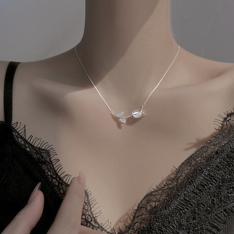Sterling Silver 925 Tulip Necklace - Simple Rose Flower Pendant, Elegant Minimalist Jewelry Gift