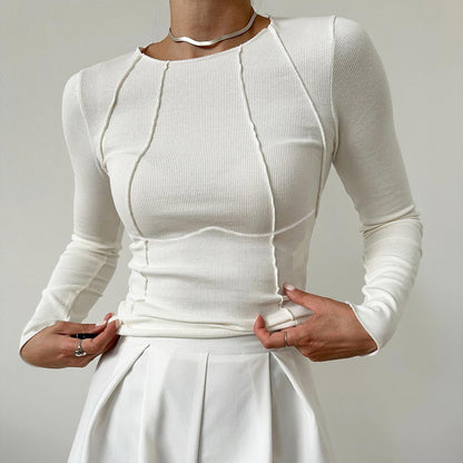 Slim Fit Long Sleeve Knitted Top – Solid Color, Split Thread Design