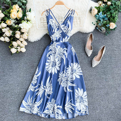 Ladies V-neck chiffon print dress