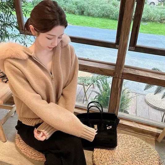 Women's High-grade Top Hooded Knitted Fur Collar Cardigan