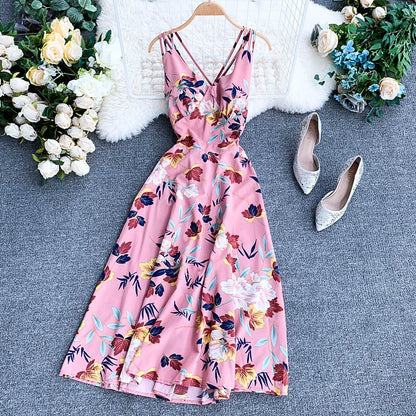 Ladies V-neck chiffon print dress