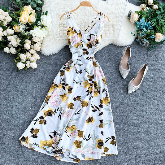 Ladies V-neck chiffon print dress