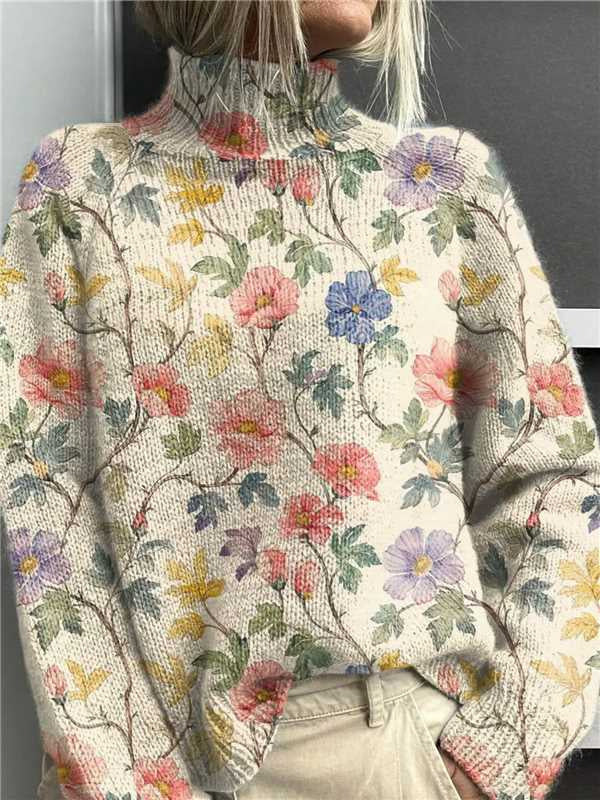 Women's Festive Turtleneck Sweater - Cozy Christmas Print Pullover