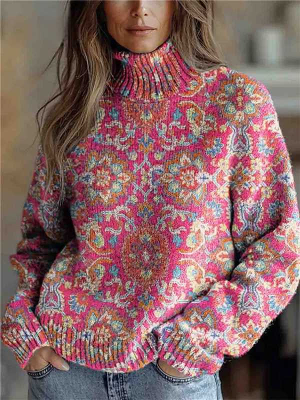 Women's Festive Turtleneck Sweater - Cozy Christmas Print Pullover