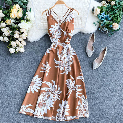 Ladies V-neck chiffon print dress