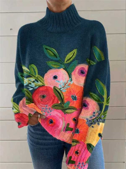 Women's Festive Turtleneck Sweater - Cozy Christmas Print Pullover