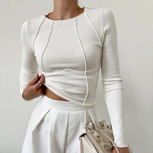 Slim Fit Long Sleeve Knitted Top – Solid Color, Split Thread Design