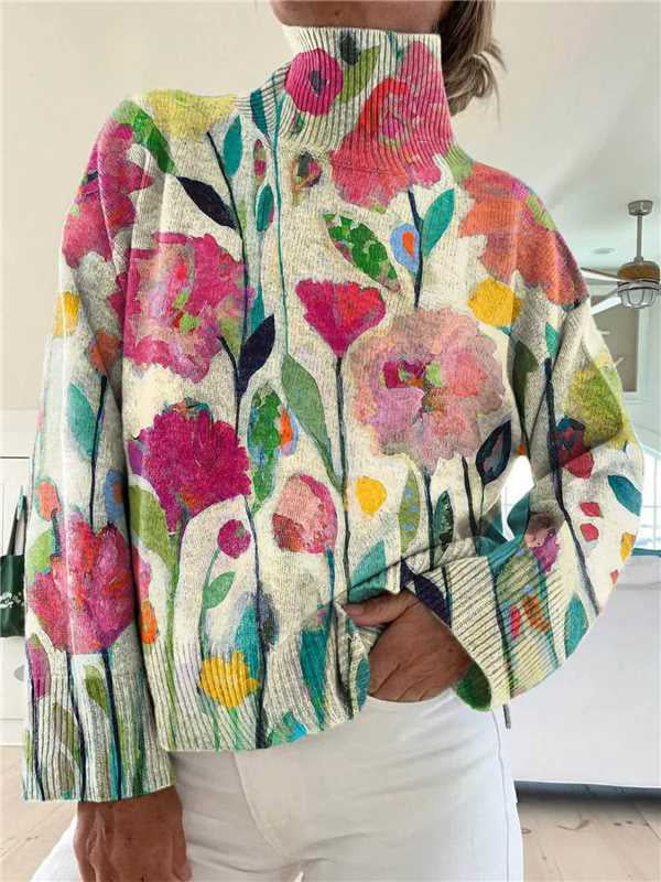 Women's Festive Turtleneck Sweater - Cozy Christmas Print Pullover