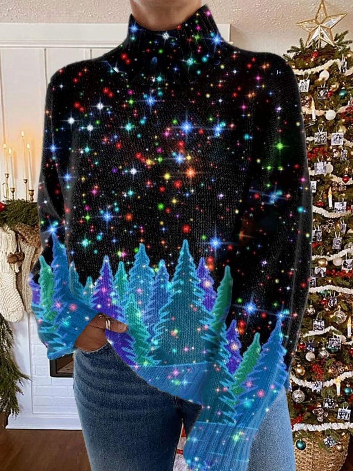 Women's Festive Turtleneck Sweater - Cozy Christmas Print Pullover