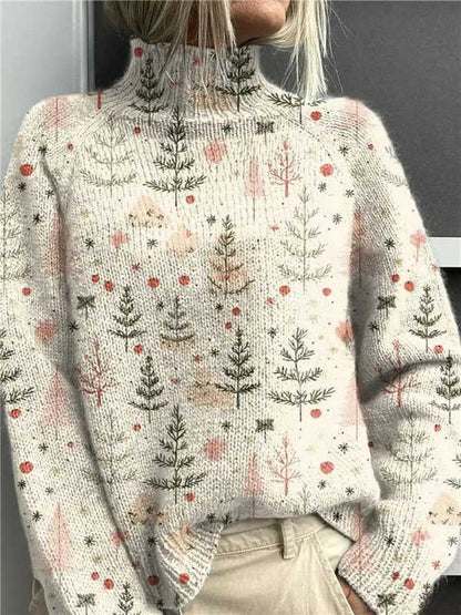 Women's Festive Turtleneck Sweater - Cozy Christmas Print Pullover