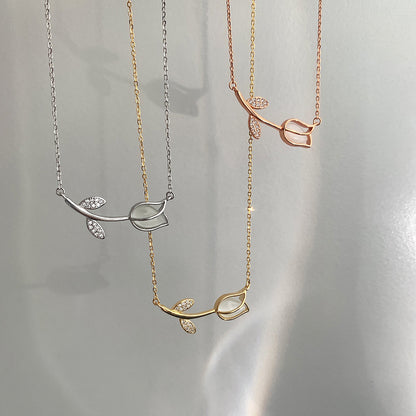 Sterling Silver 925 Tulip Necklace - Simple Rose Flower Pendant, Elegant Minimalist Jewelry Gift