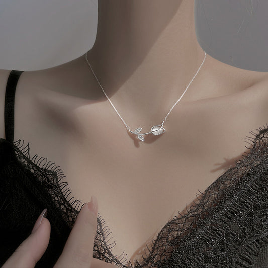 Sterling Silver 925 Tulip Necklace - Simple Rose Flower Pendant, Elegant Minimalist Jewelry Gift